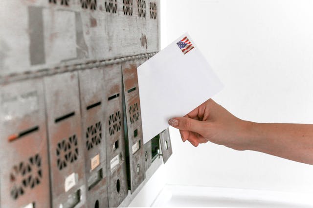 person placing a letter into a silver mailbox